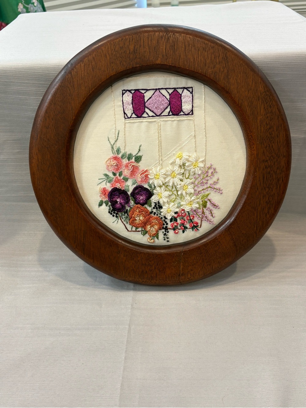 Vintage Hand-Embroidered Floral Hoop Art in Brown Frame - Pink, Purple & White
